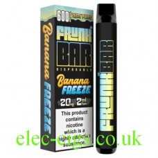 Image shows the Banana Freeze 600 Puff Disposable Vape Bar from Frunk and its retail box