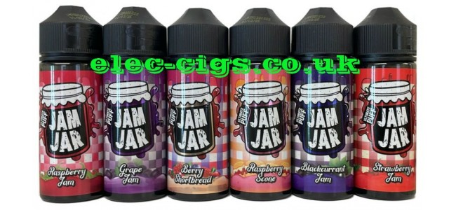 Image shows all 6 flavours in the Ultimate Puff Jam Jar E-Liquids range
