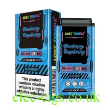 Image show the blue box and the Pod containing the Lost Temple Pod System Blueberry Raspberry e-liquid
