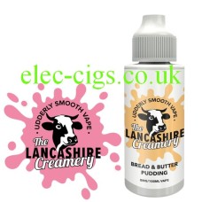 Image shows the logo and the bottle containing the Bread and Butter Pudding 100ML E-Liquid from The Lancashire Creamery