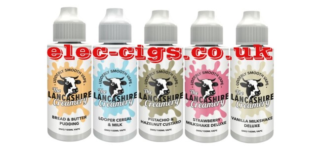 Image shows all five of the flavours in The Lancashire Creamery 100 ML E-Liquids Range