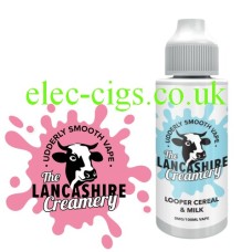 Image shows the logo and the bottle containing the Looper Cereal and Milk 100ML E-Liquid from The Lancashire Creamery
