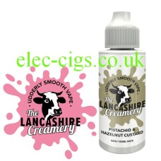 Image shows the company logo and a bottle of Pistachio and Hazelnut Custard 100ML E-Liquid from The Lancashire Creamery