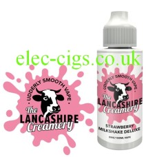 Image shows the logo and a bottle of Strawberry Milkshake Deluxe 100ML E-Liquid from The Lancashire Creamery