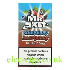 Image shows the box front which contains the Blueberry Raspberry 10 ML Nicotine Salt E-Liquid by Mr Salt