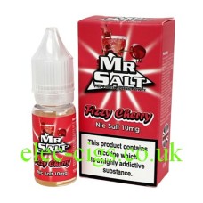 Image shows the bright red box and label containing the Fizzy Cherry 10 ML Nicotine Salt E-Liquid by Mr Salt
