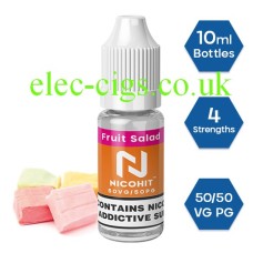 Nicohit Fruit Salad E-Liquid with some of the raw ingredients around it