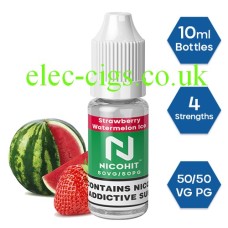Nicohit Strawberry Watermelon Ice E-Liquid with some of the raw ingredients around it
