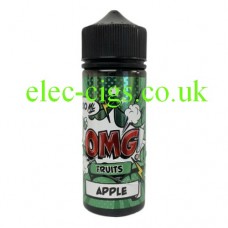 Image shows a bottle with a predominately green label containing the OMG Fruit Flavour 100ML E-Liquids: Apple