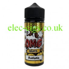 A bottle with, unsurprisingly, a yellow label containing OMG Fruit Flavour 100ML E-Liquids: Banana