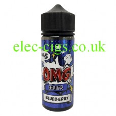 Image shows a large bottle containing OMG Fruit Flavour 100ML E-Liquids: Blueberry