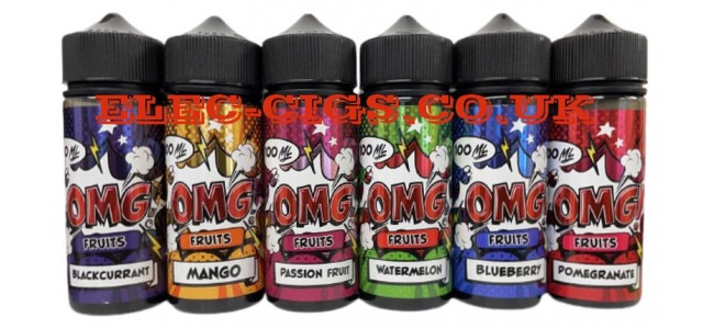 This image shows several of the variety of flavours in the OMG Fruit Flavour E-Liquids 100ML Range