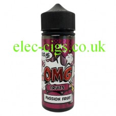 Image shows a large bottle containing OMG Fruit Flavour 100ML E-Liquids: Passion Fruit