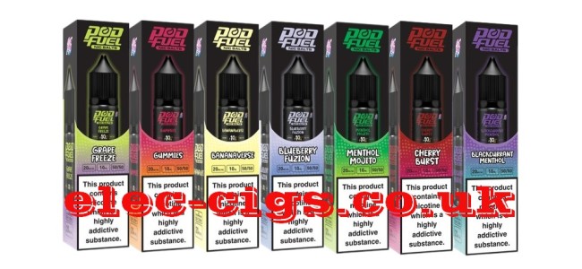 Image shows seven of the available 12 flavours in the Pod Fuel 10ML Nicotine Salt E-Liquids Range