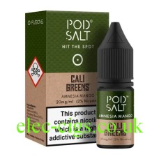 Image of the green and brown box with a bottle of the Pod Salt Cali Greens Amnesia Mango 