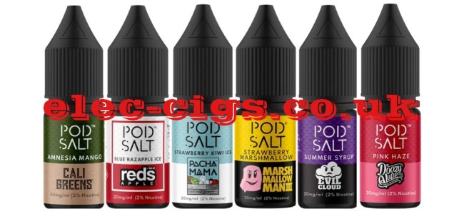 Image shows several of the flavours in the Pod Salts Fusion Flavours E-Liquid range