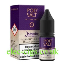 Purple and fawn coloured box with the bottle of Pod Salt Jammin Blueberry Jam Tart