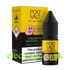 Image shows the Pod Salt Marshmallow Man 111 Strawberry Marshmallow in it 's bottle next to the box it comes in.