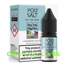 Image shows the box and bottle containing the Pod Salt Pacha Mama Strawberry Kiwi Ice e-liquid