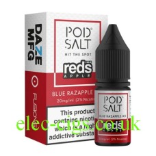 Red and white box with bottle with red and white label containing the Pod Salt Reds Apple Blue Razapple Ice