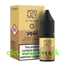 Image shows a box and bottle with a two tone brown label containing the Pod Salt Yogi Peanut Butter Banana Granola e-liquid