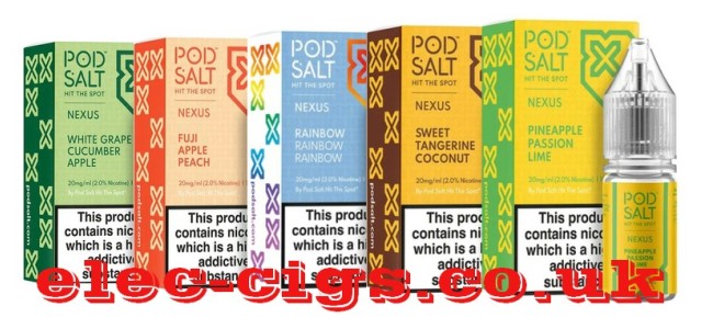 Image shows several of the flavours in the Pod Salt Nexus E-Liquids range of e-liquids