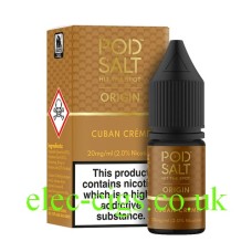 Image shows a brown box containing the Pod Salt Origins Cuban Crème Tobacco E-Liquid