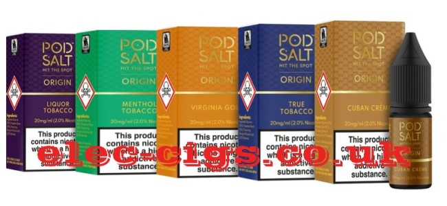 This image shows five of the different flavours available in the Pod Salt Origins Tobacco Nicotine Salts Range
