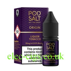 Image is of the box and bottle containing the Pod Salt Origins Liquor Tobacco 