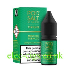 Image shows a green box and a bottle with a green label containing the Pod Salt Origins Menthol Tobacco  e-liquid