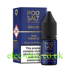 In this image we see a dark blue box with a bottle, with a blue label, in front of it with the Pod Salt Origins True Tobacco e-liquid in it.