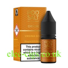 The Virginia Gold E-Liquid from Pod Salt, sits proudly in its Golden box and bottle in this image
