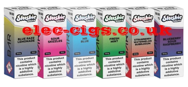 Image shows just a few of the flavours available in the Slushie Nicotine Salt E-Liquids Range