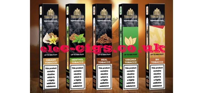The image shows all five flavours in the range of  the Tobacco Club Disposable Vapes
