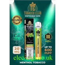 Tobacco Club Menthol Tobacco Disposable Vapes with lots of information about the product 