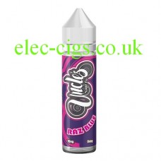 image shows a bottle of Raz Blue 50 ML E-Liquid from Uncles Vapes