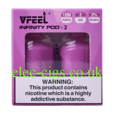Image shows the box and contents of the Vfeel Infinity Pod 2 Pack Aloe Grape