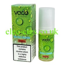 Image is of the green bos and the bottle containing the Vado 10 ML E-Liquid: Blue Razz Lemonade 