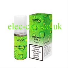 Image shows a bottle and box, on a white background, of Vado 10 ML 50-50(VG/PG) E-Liquid: Raspberry Mint
