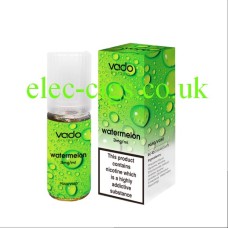 Image shows a bottle and box, on a white background, of  Vado 10 ML 50-50(VG/PG) E-Liquid: Watermelon