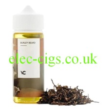 Image shows a bottle of Velvet Cloud 100ML E-Liquid Burley Beard with some loose tobacco.