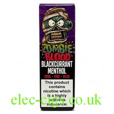 image is of a box with the bottle of Blackcurrant Menthol 10 ML E-Liquid by Zombie Bloodinside