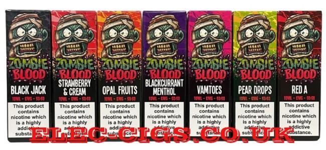 Image shows several of the flavours available in the Zombie Blood 10ml 50-50 E-Liquids Range