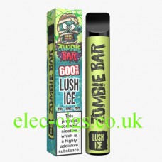 Image shows the highly decorated box together with the Zombie Bar 600 Puff Lush Ice device itself.