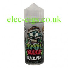 Image shows the bottle containing  the Black Jack 100 ML E-Liquid from Zombie Blood