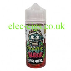Image shows a bottle with Cherry Menthol 100 ML E-Liquid from Zombie Blood in it.