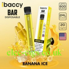 Image shows the Banana Ice 600 Puff Disposable Bar from ibaccy on a colourful background