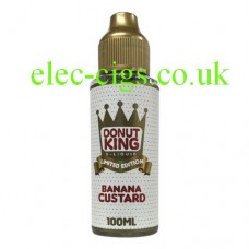 image shows a a bottle of Banana Custard Donut 100 ML E-Liquid by Donut King Limited Edition