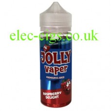 Image is  of a bottle containing Raspberry Delight 100 ML E-Liquid from Jolly Vaper