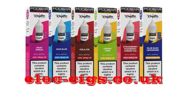 Images shows six of the flavours in the Podbar 10ML Salts by Kingston Range